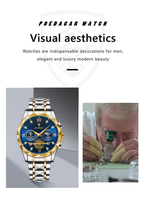 Planet Gates Gold Blue POEDAGAR Luxury Man Wristwatch Waterproof Luminous Chronograph Watch for Men Stainless Steel Men's Quartz Watches reloj hombre