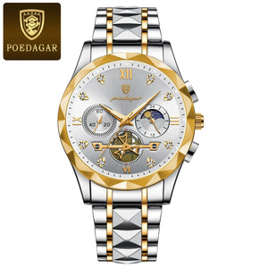 Planet Gates Gold Blue POEDAGAR Luxury Man Wristwatch Waterproof Luminous Chronograph Watch for Men Stainless Steel Men's Quartz Watches reloj hombre