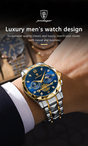 Planet Gates Gold Blue POEDAGAR Luxury Man Wristwatch Waterproof Luminous Chronograph Watch for Men Stainless Steel Men's Quartz Watches reloj hombre