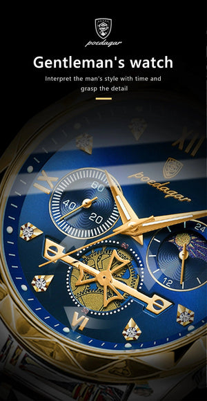 Planet Gates Gold Blue POEDAGAR Luxury Man Wristwatch Waterproof Luminous Chronograph Watch for Men Stainless Steel Men's Quartz Watches reloj hombre