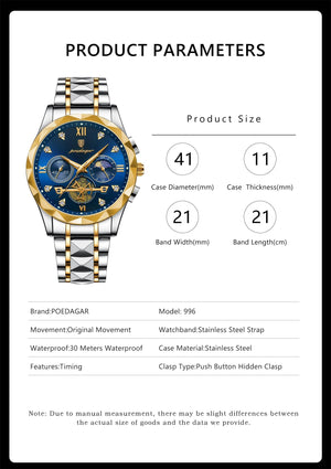 Planet Gates Gold Blue POEDAGAR Luxury Man Wristwatch Waterproof Luminous Chronograph Watch for Men Stainless Steel Men's Quartz Watches reloj hombre