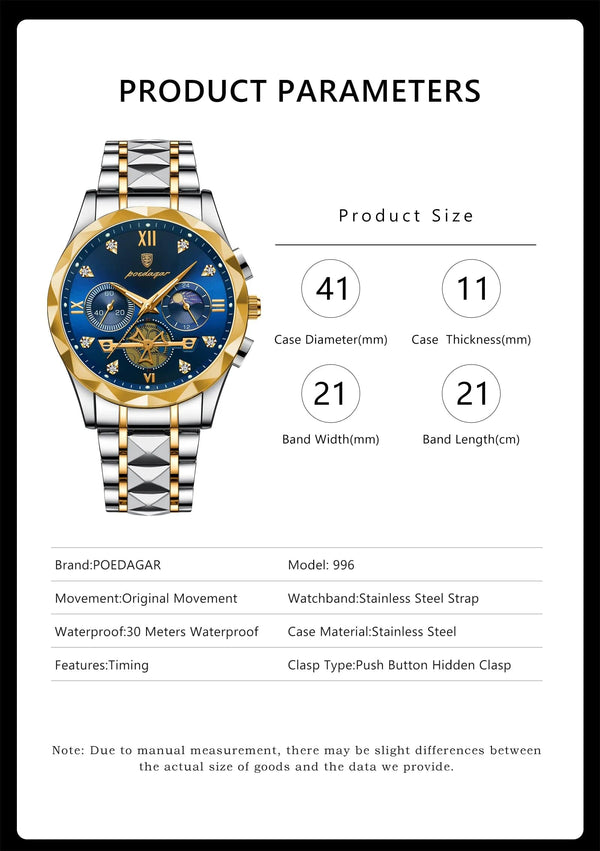 Planet Gates Gold Blue POEDAGAR Luxury Man Wristwatch Waterproof Luminous Chronograph Watch for Men Stainless Steel Men's Quartz Watches reloj hombre