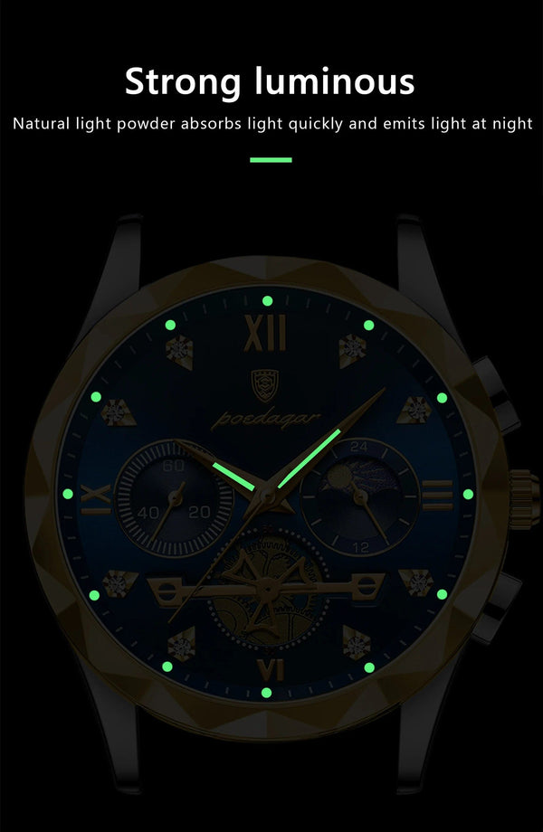 Planet Gates Gold Blue POEDAGAR Luxury Man Wristwatch Waterproof Luminous Chronograph Watch for Men Stainless Steel Men's Quartz Watches reloj hombre