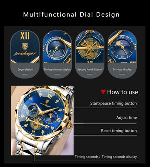 Planet Gates Gold Blue POEDAGAR Luxury Man Wristwatch Waterproof Luminous Chronograph Watch for Men Stainless Steel Men's Quartz Watches reloj hombre