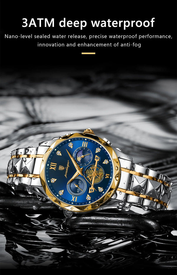 Planet Gates Gold Blue POEDAGAR Luxury Man Wristwatch Waterproof Luminous Chronograph Watch for Men Stainless Steel Men's Quartz Watches reloj hombre
