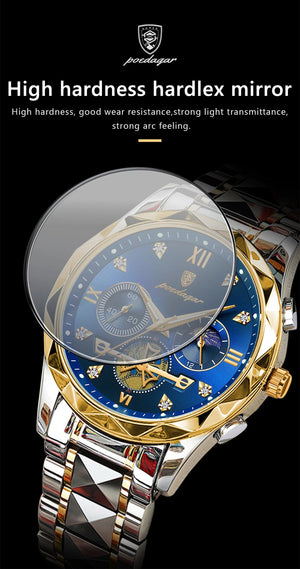 Planet Gates Gold Blue POEDAGAR Luxury Man Wristwatch Waterproof Luminous Chronograph Watch for Men Stainless Steel Men's Quartz Watches reloj hombre