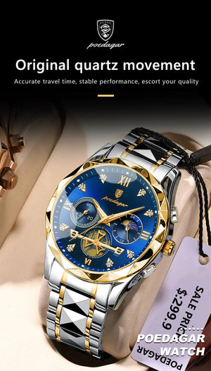 Planet Gates Gold Blue POEDAGAR Luxury Man Wristwatch Waterproof Luminous Chronograph Watch for Men Stainless Steel Men's Quartz Watches reloj hombre