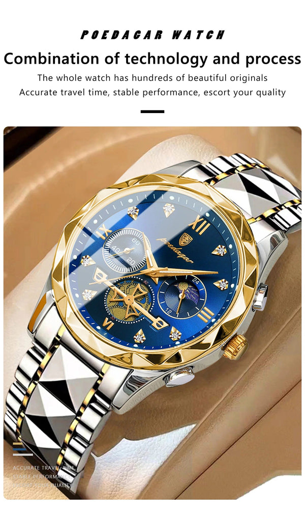 Planet Gates Gold Blue POEDAGAR Luxury Man Wristwatch Waterproof Luminous Chronograph Watch for Men Stainless Steel Men's Quartz Watches reloj hombre