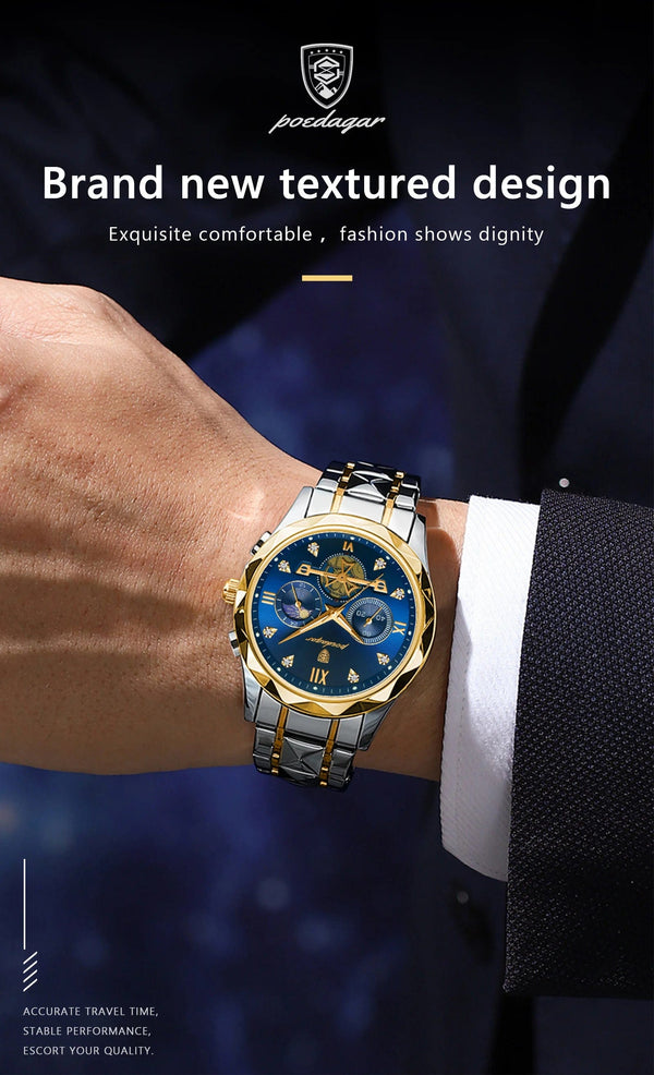 Planet Gates Gold Blue POEDAGAR Luxury Man Wristwatch Waterproof Luminous Chronograph Watch for Men Stainless Steel Men's Quartz Watches reloj hombre