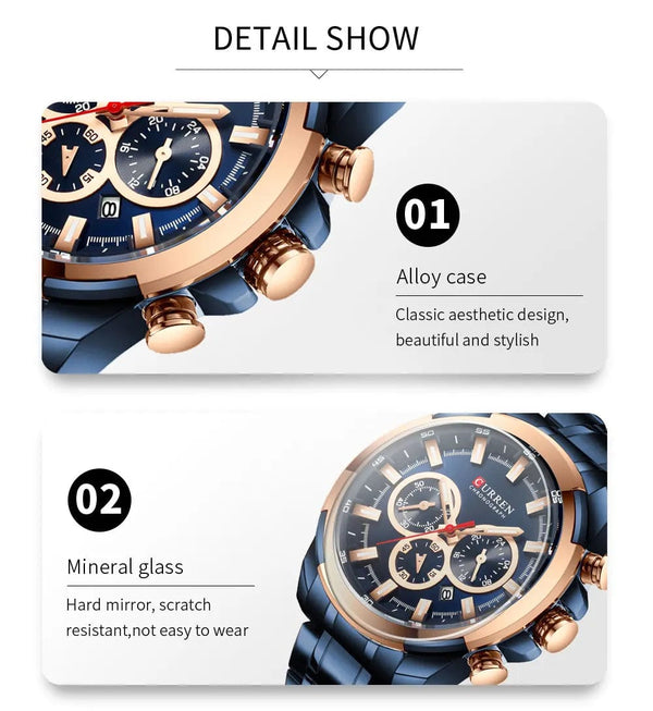 Planet Gates gold-box CURREN Men’s Watches Top Brand Big Sport Watch Luxury Men Military Steel Quartz Wrist Watches Chronograph Gold Design Male Clock