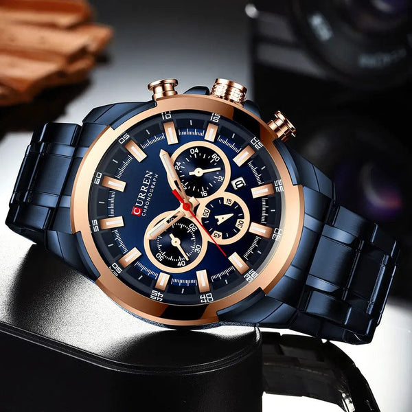 Planet Gates gold-box CURREN Men’s Watches Top Brand Big Sport Watch Luxury Men Military Steel Quartz Wrist Watches Chronograph Gold Design Male Clock