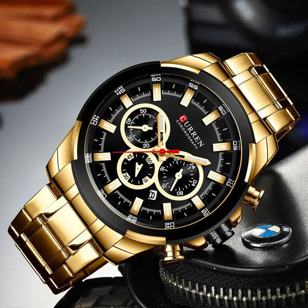 Planet Gates gold-box CURREN Men’s Watches Top Brand Big Sport Watch Luxury Men Military Steel Quartz Wrist Watches Chronograph Gold Design Male Clock