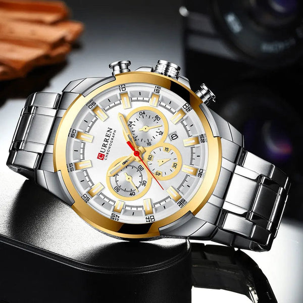 Planet Gates gold-box CURREN Men’s Watches Top Brand Big Sport Watch Luxury Men Military Steel Quartz Wrist Watches Chronograph Gold Design Male Clock