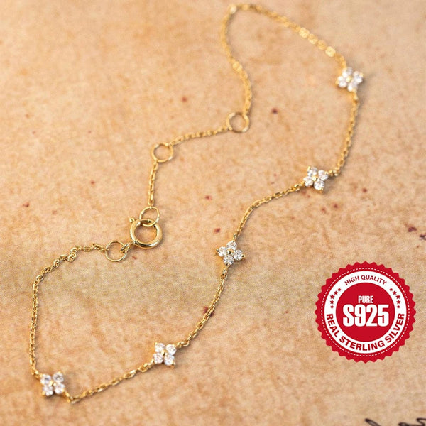 Planet Gates GOLD COLOR-2 CANNER Real S925 Sterling Silver Mini Zircon Flower Pendant Bracelet Chain for Women's Fine Jewelry Gifts Gold Bracelets Bangles