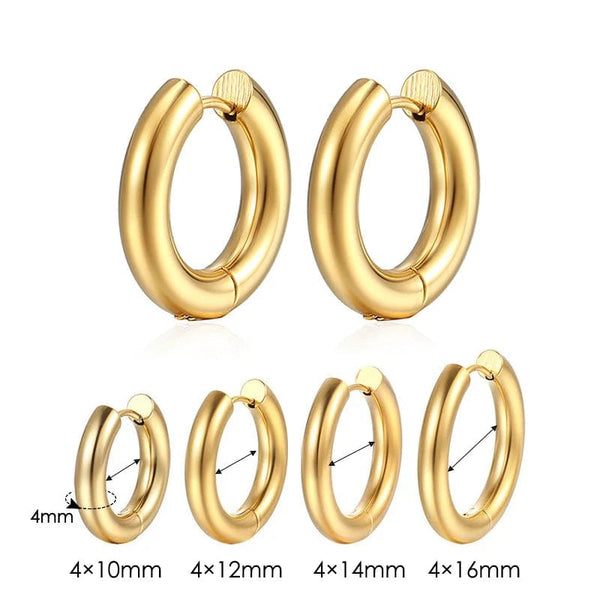 Planet Gates Gold Color 4mm / 14mm Stainless Steel Hoop Earring For Men Women Simple Hip Hop Rock Gold Color Piercing Punk Chic Jewelry Korean Chunky Earrings