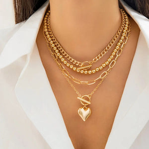 Planet Gates gold color 4Pcs/Set Punk Gold Color Heart Pendant Necklace for Women 2024 Trendy OT Buckle Beaded Neck Chain Choker Y2K Jewelry Accessories