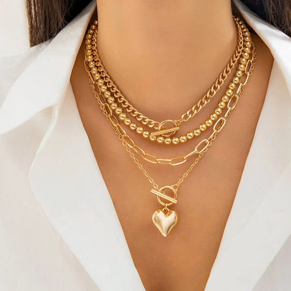 Planet Gates gold color 4Pcs/Set Punk Gold Color Heart Pendant Necklace for Women 2024 Trendy OT Buckle Beaded Neck Chain Choker Y2K Jewelry Accessories