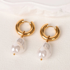 Planet Gates Gold-color / CHINA LAVK Hoop Earrings Water Droplet Baroque Imitation Pearl Stainless Steel Golden Circular Earrings Women's Vintage Jewelry
