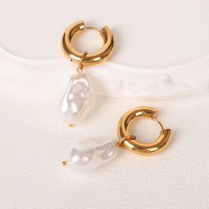 Planet Gates Gold-color / CHINA LAVK Hoop Earrings Water Droplet Baroque Imitation Pearl Stainless Steel Golden Circular Earrings Women's Vintage Jewelry