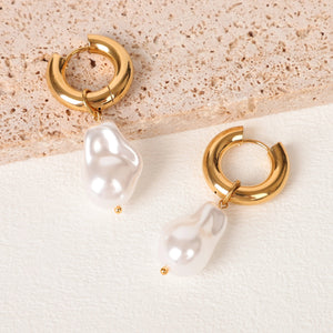 Planet Gates Gold-color / CHINA LAVK Hoop Earrings Water Droplet Baroque Imitation Pearl Stainless Steel Golden Circular Earrings Women's Vintage Jewelry