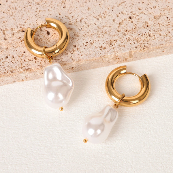 Planet Gates Gold-color / CHINA LAVK Hoop Earrings Water Droplet Baroque Imitation Pearl Stainless Steel Golden Circular Earrings Women's Vintage Jewelry