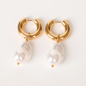 Planet Gates Gold-color / CHINA LAVK Hoop Earrings Water Droplet Baroque Imitation Pearl Stainless Steel Golden Circular Earrings Women's Vintage Jewelry