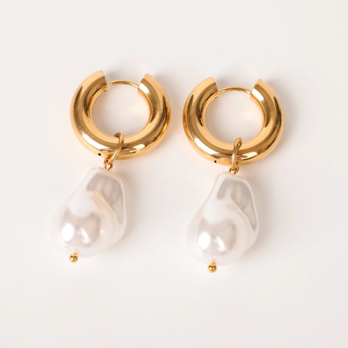 Planet Gates Gold-color / CHINA LAVK Hoop Earrings Water Droplet Baroque Imitation Pearl Stainless Steel Golden Circular Earrings Women's Vintage Jewelry
