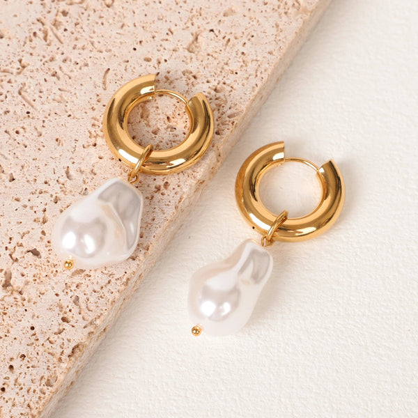 Planet Gates Gold-color / CHINA LAVK Hoop Earrings Water Droplet Baroque Imitation Pearl Stainless Steel Golden Circular Earrings Women's Vintage Jewelry