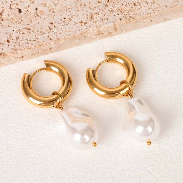 Planet Gates Gold-color / CHINA LAVK Hoop Earrings Water Droplet Baroque Imitation Pearl Stainless Steel Golden Circular Earrings Women's Vintage Jewelry