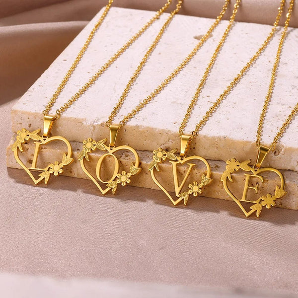 Planet Gates Gold Color Dainty Flower Initials Necklace Women Girl Stainless Steel Heart Letter Choker Necklace Best Gifts Alphabet Jewelry