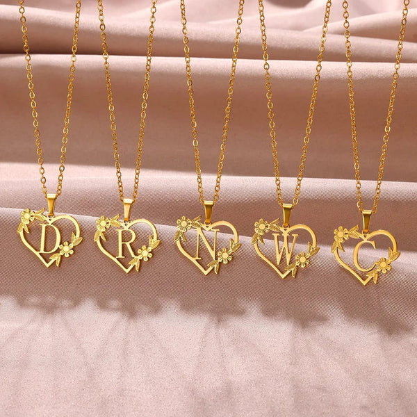 Planet Gates Gold Color Dainty Flower Initials Necklace Women Girl Stainless Steel Heart Letter Choker Necklace Best Gifts Alphabet Jewelry