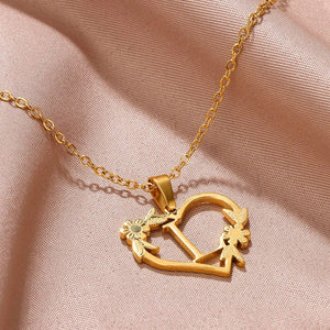 Planet Gates Gold Color Dainty Flower Initials Necklace Women Girl Stainless Steel Heart Letter Choker Necklace Best Gifts Alphabet Jewelry