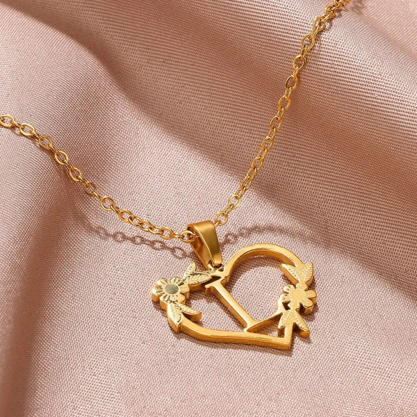 Planet Gates Gold Color Dainty Flower Initials Necklace Women Girl Stainless Steel Heart Letter Choker Necklace Best Gifts Alphabet Jewelry