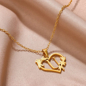 Planet Gates Gold Color Dainty Flower Initials Necklace Women Girl Stainless Steel Heart Letter Choker Necklace Best Gifts Alphabet Jewelry
