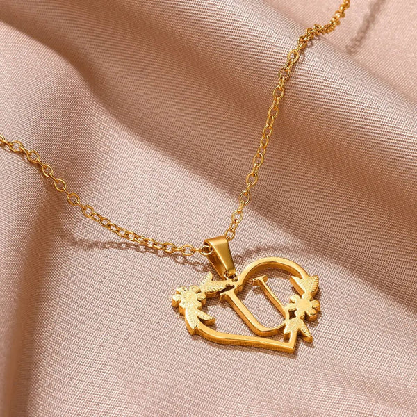 Planet Gates Gold Color Dainty Flower Initials Necklace Women Girl Stainless Steel Heart Letter Choker Necklace Best Gifts Alphabet Jewelry