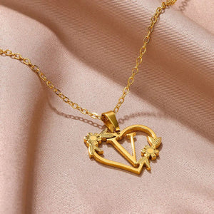 Planet Gates Gold Color Dainty Flower Initials Necklace Women Girl Stainless Steel Heart Letter Choker Necklace Best Gifts Alphabet Jewelry
