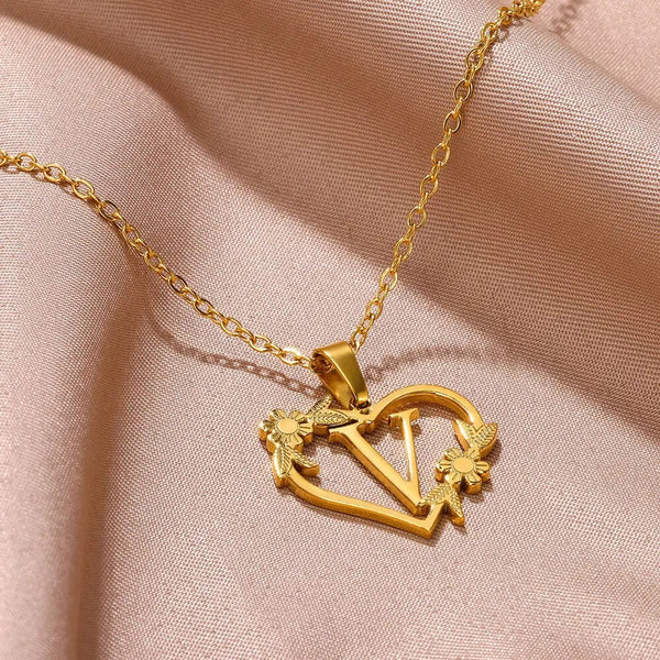 Planet Gates Gold Color Dainty Flower Initials Necklace Women Girl Stainless Steel Heart Letter Choker Necklace Best Gifts Alphabet Jewelry