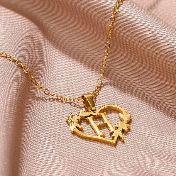 Planet Gates Gold Color Dainty Flower Initials Necklace Women Girl Stainless Steel Heart Letter Choker Necklace Best Gifts Alphabet Jewelry