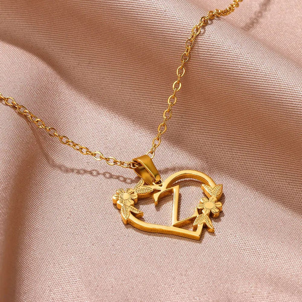 Planet Gates Gold Color Dainty Flower Initials Necklace Women Girl Stainless Steel Heart Letter Choker Necklace Best Gifts Alphabet Jewelry