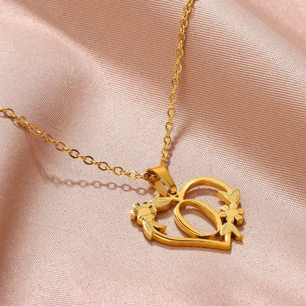 Planet Gates Gold Color Dainty Flower Initials Necklace Women Girl Stainless Steel Heart Letter Choker Necklace Best Gifts Alphabet Jewelry