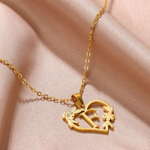 Planet Gates Gold Color Dainty Flower Initials Necklace Women Girl Stainless Steel Heart Letter Choker Necklace Best Gifts Alphabet Jewelry