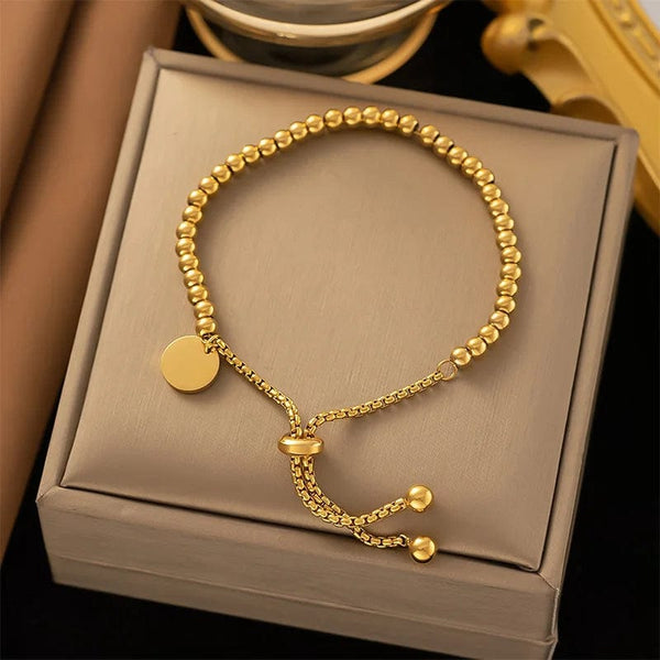Planet Gates Gold Color Foxanry 316L Stainless Steel Beaded Pull Bracelets For Women Couples Fashion Simple Classic Non-fading Anniversary Jewelry Gifts