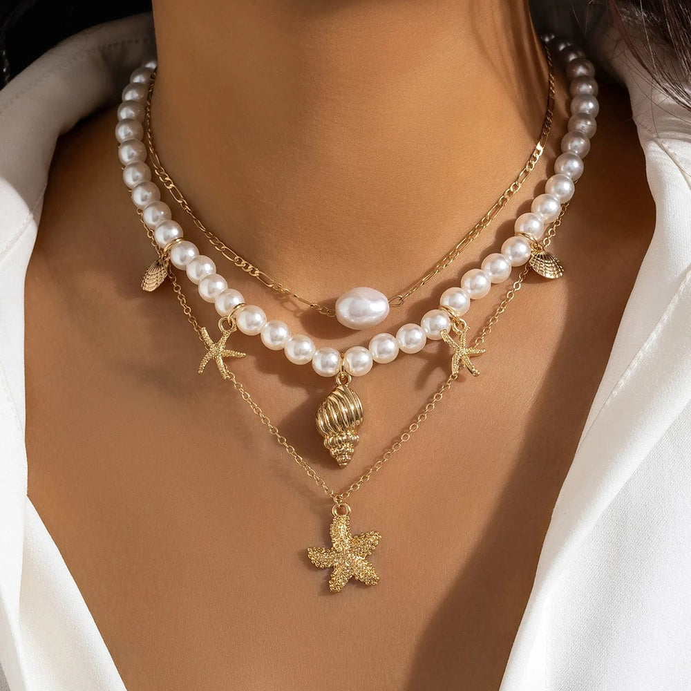 Planet Gates gold color PuRui Gold Color Starfish Shape Pendant Necklace Imitation Pearl Beads Choker for Women Vintage Jewelry Collar Party Girls