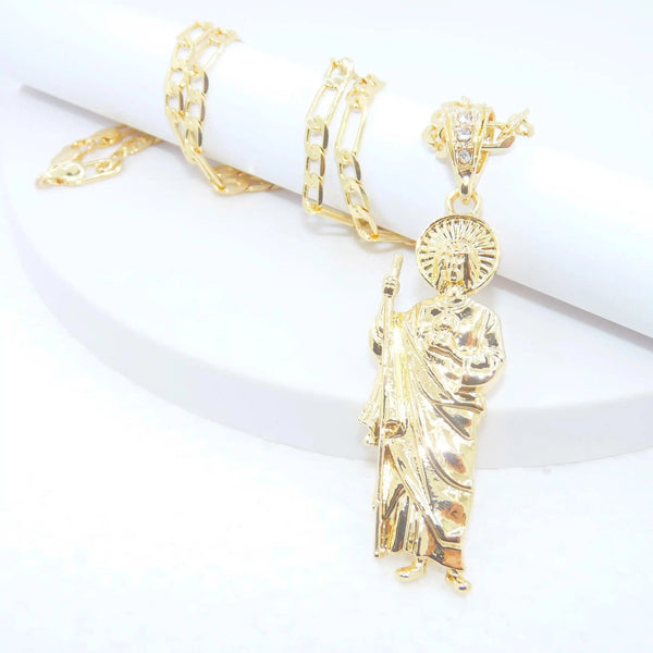 Planet Gates Gold-color Saint Jude Necklace 14K Gold Plated San Judas Pendant Figaro Chain