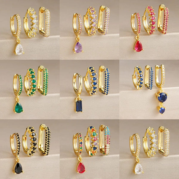 Planet Gates Gold-Dark-blue-3pcs 1 3PCS Fashion Cubic Zirconia Water Drop Pendant Earring Set for Women Stainless Steel Round U-shape Hoop Earring Piercing Jewelry