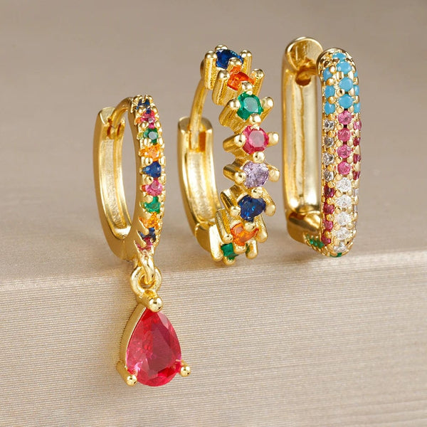 Planet Gates Gold-Dark-blue-3pcs 1 3PCS Fashion Cubic Zirconia Water Drop Pendant Earring Set for Women Stainless Steel Round U-shape Hoop Earring Piercing Jewelry