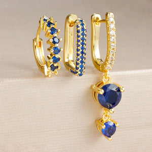 Planet Gates Gold-Dark-blue-3pcs 1 3PCS Fashion Cubic Zirconia Water Drop Pendant Earring Set for Women Stainless Steel Round U-shape Hoop Earring Piercing Jewelry