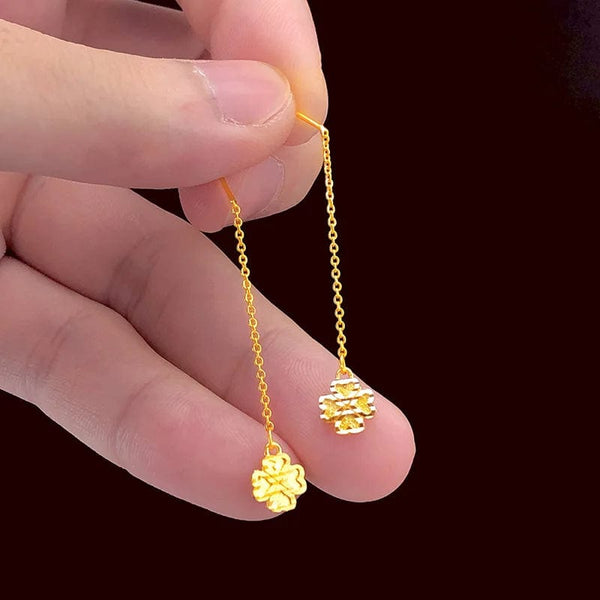Planet Gates Gold Genuine K Gold Drop Clover Earrings Simple Design for Women Tassel Earrings Fine Jewelry Lucky Jewelry Birthday Gifts