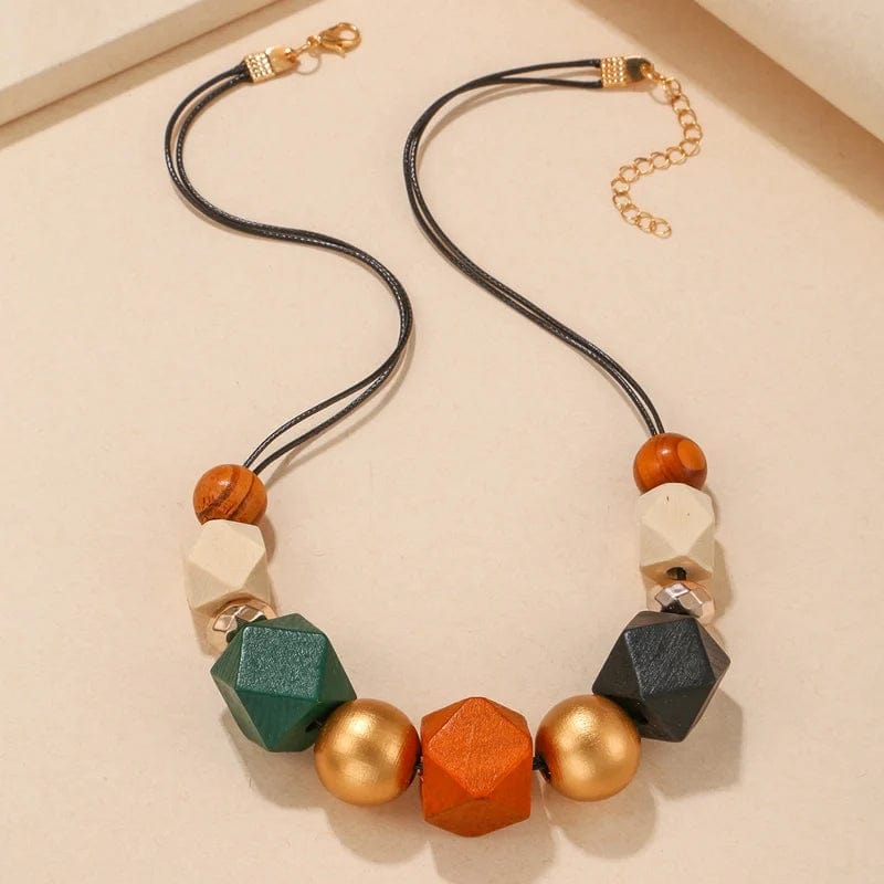 Planet Gates Gold Geometric Multi Color Wooded Beads Necklaces Pendants for Women Vintage Handmade Statement Bib Necklace Fashion Neck Decoration