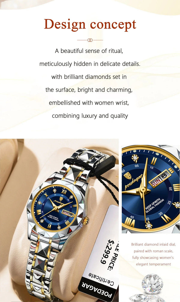 Planet Gates Gold Gold POEDAGAR Luxury Ladies Dress Watch Luminous Waterproof Week Date Woman Wristwatch Stainless Steel Women Quartz Watches reloj+box